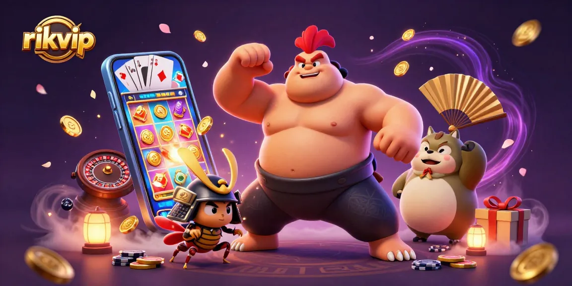 Engage in thrilling slot gameplay with rikvip, showcasing dynamic characters in a vibrant casino scene.