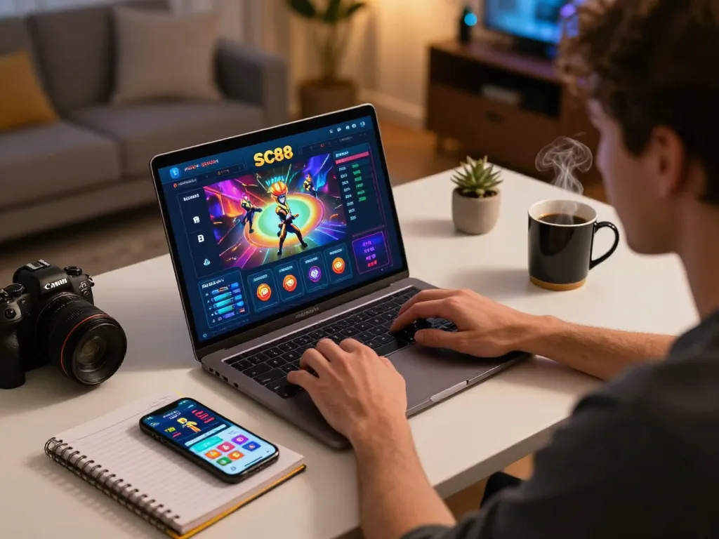 SC88 online gaming interface displayed on laptop with player engaged in strategic betting.