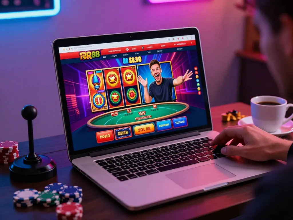 Excited player exploring RR88 com online casino games in a vibrant gaming setup.