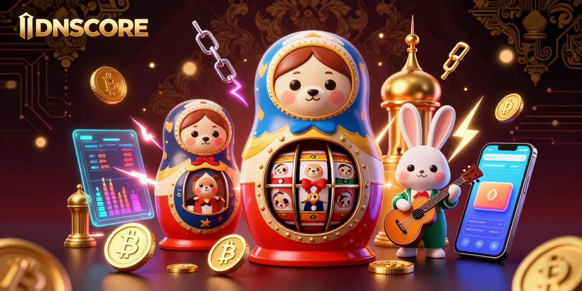 Engage in exhilarating IDNSCORE slots with vibrant characters and dynamic crypto elements surrounding an animated casino atmosphere.