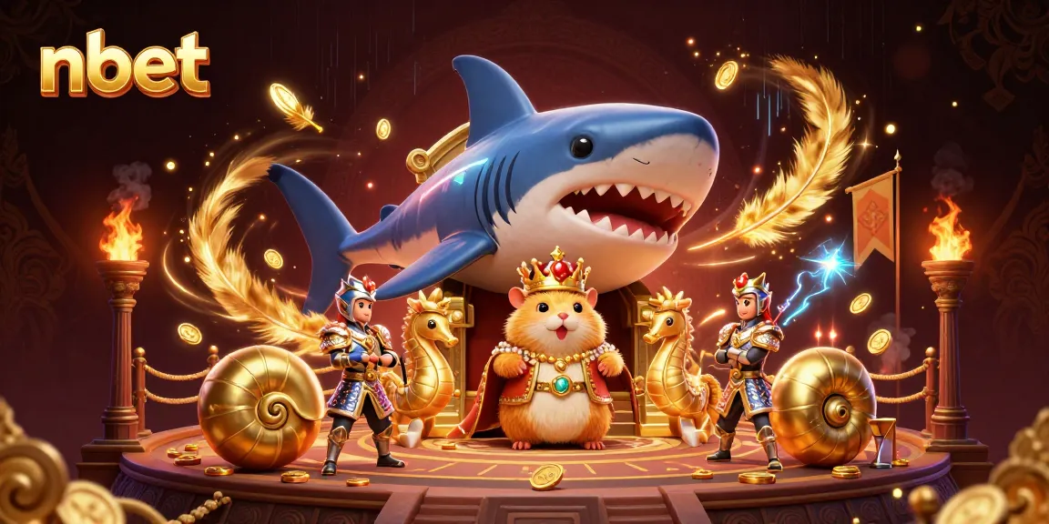 Engage with exciting nbet visuals featuring a fierce golden hamster king in a vibrant casino-themed 3D scene.