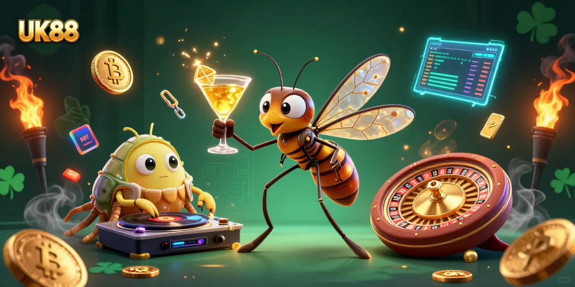 Engage with the vibrant UK88 online casino scene featuring dynamic characters and glowing cryptocurrency elements.