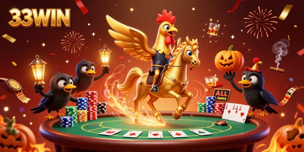 Engaging 3D rendering of 33WIN's golden rooster character navigating a colorful casino filled with poker chips and festive decorations.