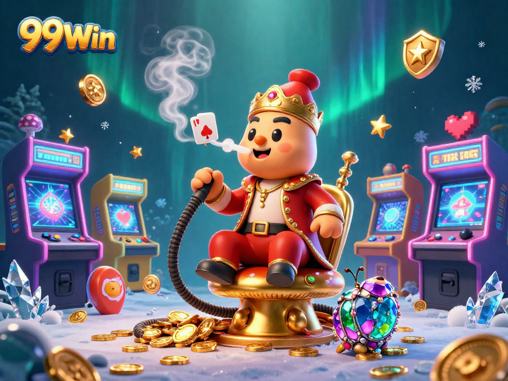 Engage with 99Win in this vibrant 3D illustration showcasing a casino atmosphere with colorful game symbols.