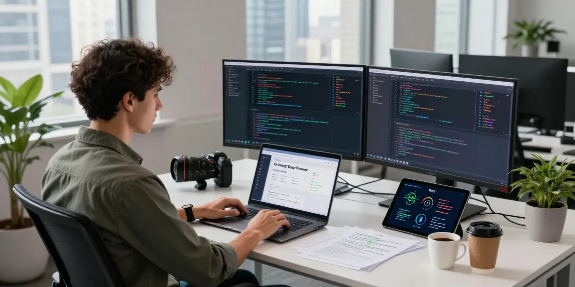 Dynamic tech workspace showcasing libertyswap platform development with multiple screens, a modern office environment, and vibrant city view.