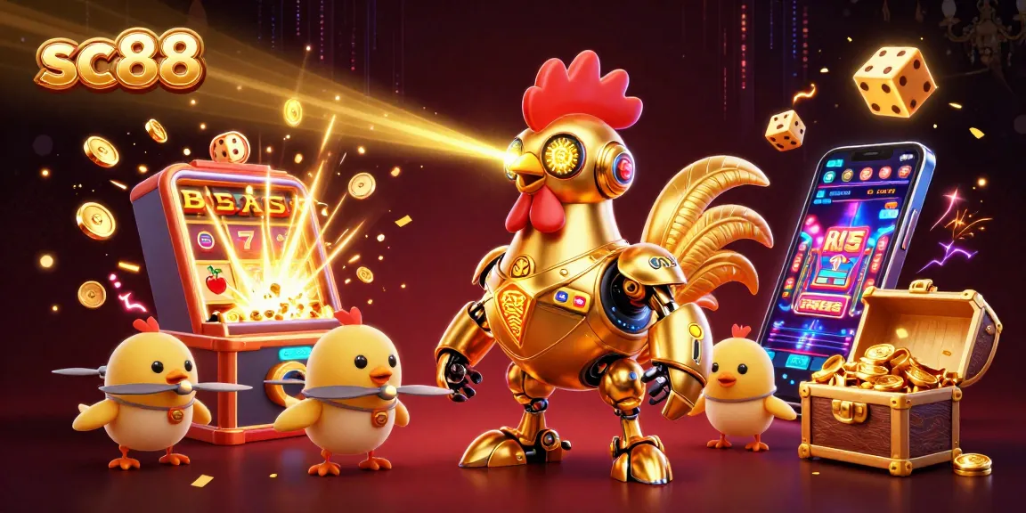 Engage with sc88's vibrant casino world featuring a golden rooster robot amidst dynamic gambling elements.