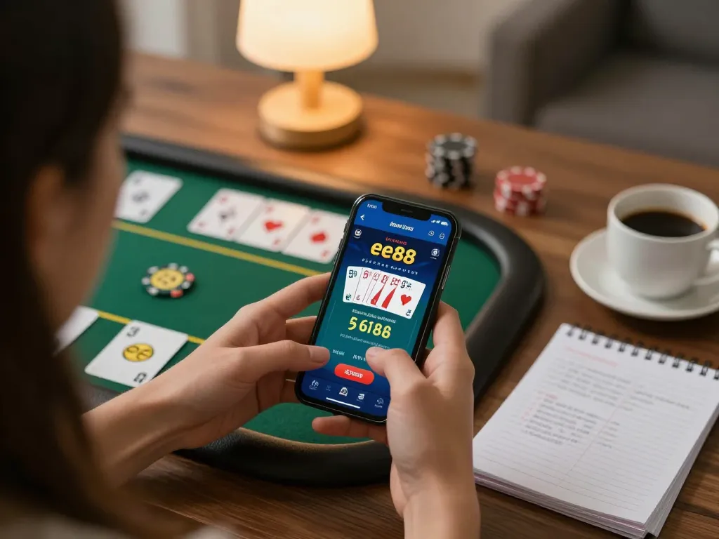 Person playing online poker on ee88 app in cozy home setup, cards and strategy notes visible.