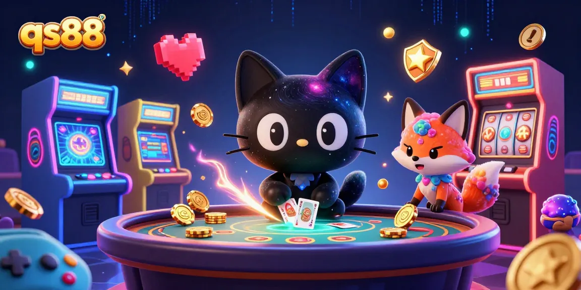 Experience excitement and wins at qs88, featuring dynamic 3D elements like gaming machines and colorful characters.