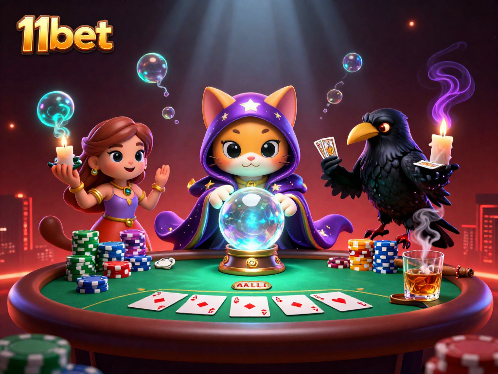 Engage with 11bet's vibrant casino scene featuring mystical characters and poker elements.