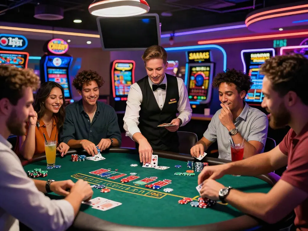 An exciting casino scene showcasing friends playing blackjack with vibrant lights, reflecting the thrill of casino bonus sans depot offers.