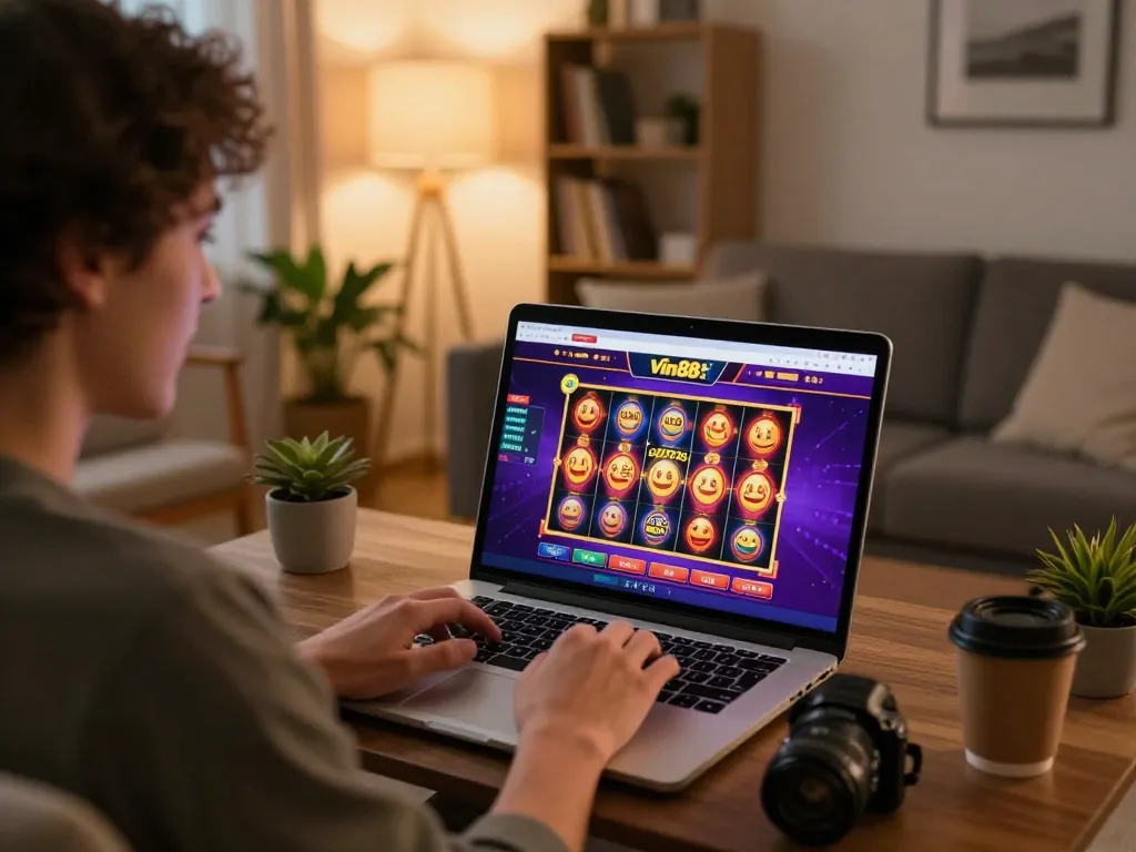 Person playing exciting slot games on Vin88's website in a cozy home setting.