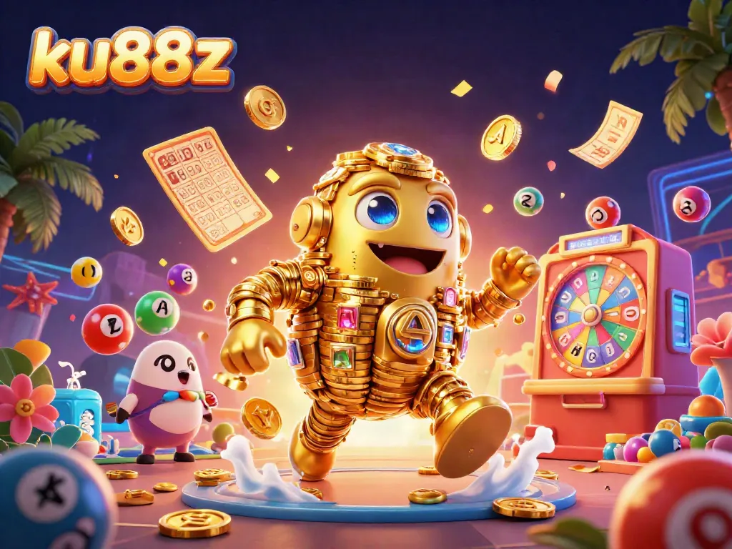 Experience dynamic games with ku88z, showcasing a golden golem and colorful lottery elements.