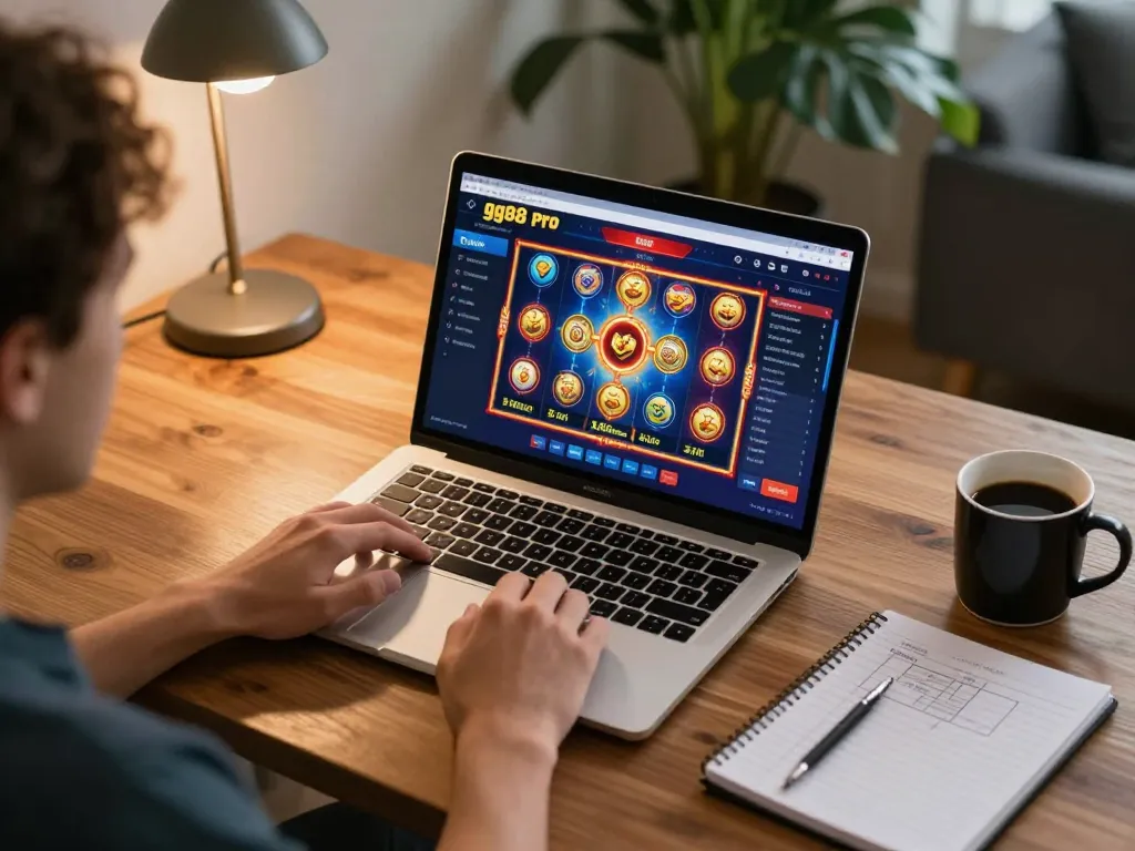 Engaging online gaming scene at gg88 pro with dynamic slot graphics and strategic notes