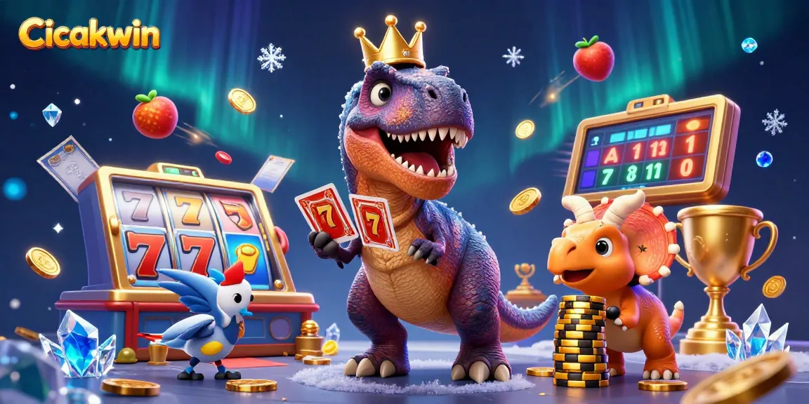 Cicakwin offers an engaging experience with a whimsical dinosaur scene, showcasing online casino excitement and dynamic gaming elements.
