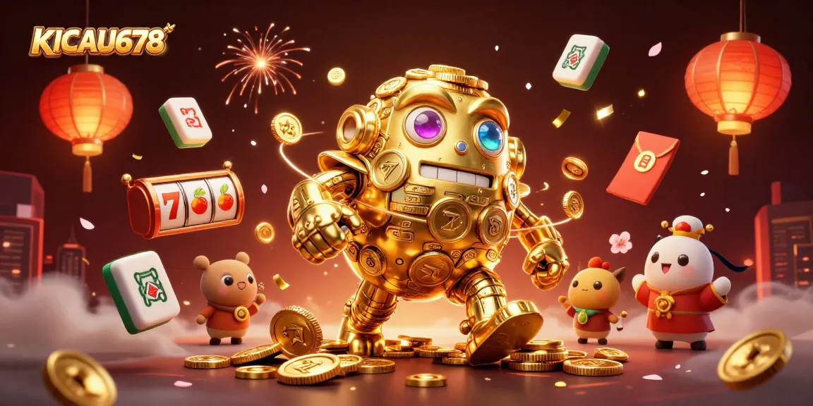 KICAU678 offers a thrilling gaming experience with a golden golem amidst vibrant casino elements.