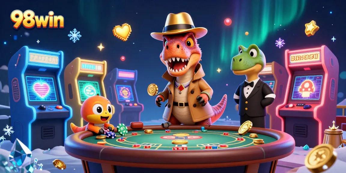 98win's animated velociraptor card counter blends humor and strategy at a vibrant casino.