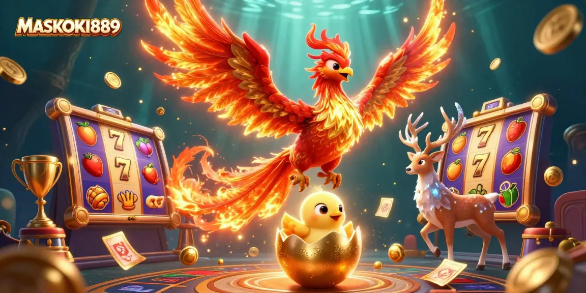 Experience thrilling slot action at MASKOKI889 with phoenixes, golden trophies, and dynamic game elements.