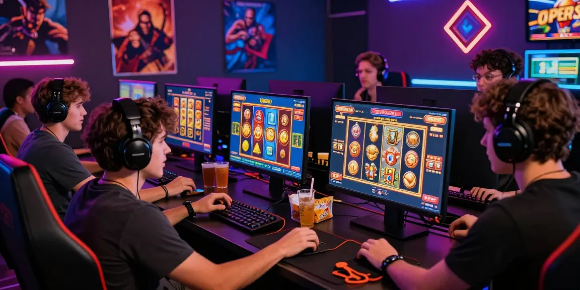 Friends enjoying gaming session on slot depo 5k online platform with colorful screens and gaming gear.