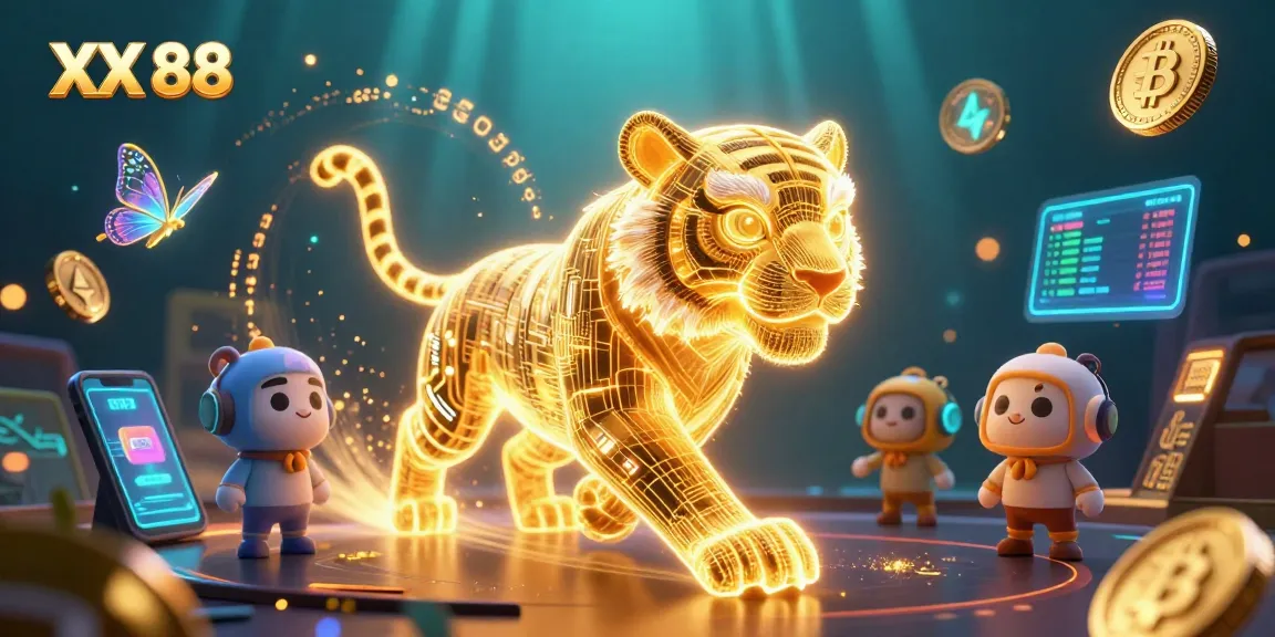 Engage in thrilling gameplay at XX 88 featuring a 3D neon-wireframe golden tiger amidst dynamic casino elements.