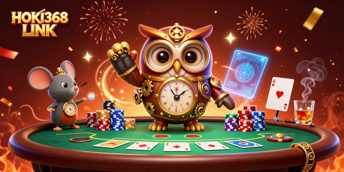 Experience thrilling gaming with HOKI368 LINK as a cartoon owl and mouse engage at a vibrant poker table.