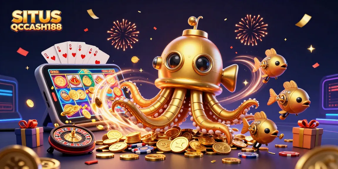 SITUS QQCASH188 showcases an exciting underwater treasure hunt with a golden kraken submarine and slot game elements.