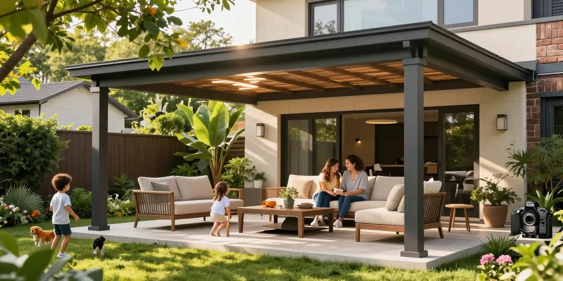 Moderne freistehende Terrassenüberdachung mit Familie im Garten an einem sonnigen Tag.