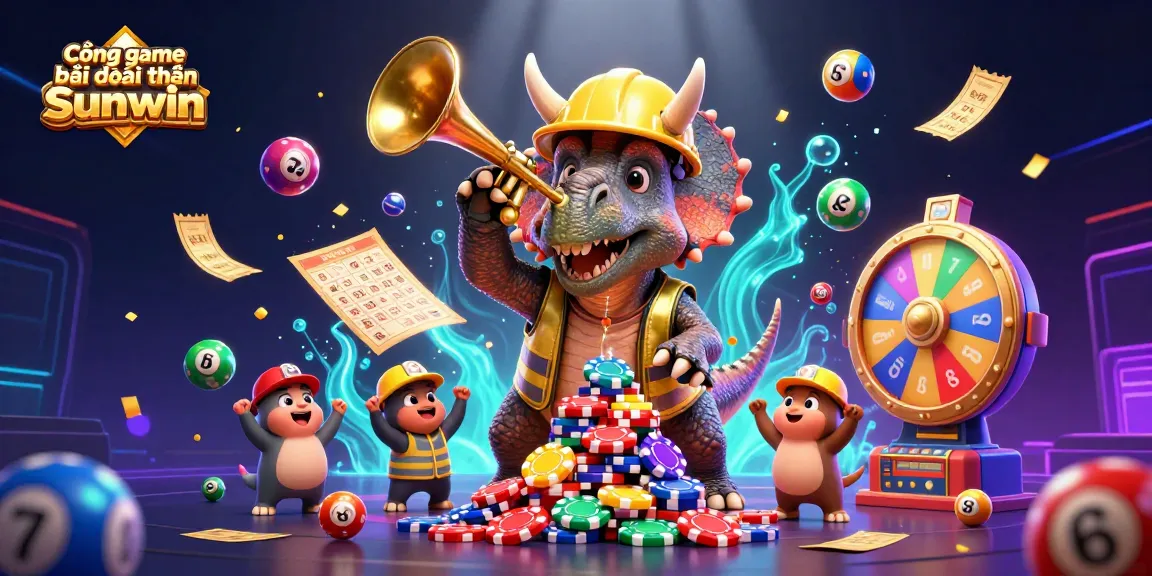 Cổng game bài đổi thưởng Sunwin features a dynamic scene with playful characters building a poker chip pyramid, celebrating lottery excitement, and showcasing vibrant gambling elements.