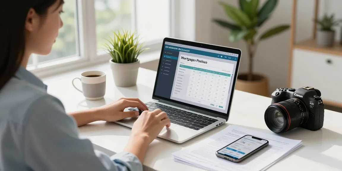 Dynamic scene of a young professional using a calculadora hipoteca in a modern home office setup.