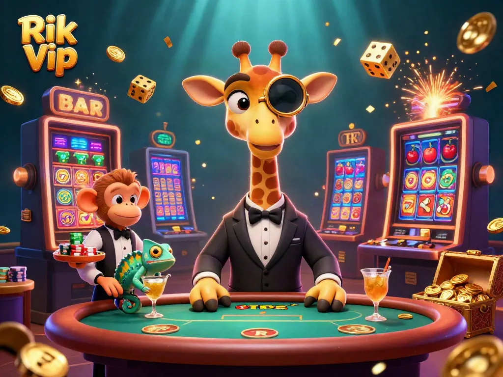 Experience the thrill of Rik Vip with a vibrant casino scene featuring a giraffe, monkey, and chameleon in action!