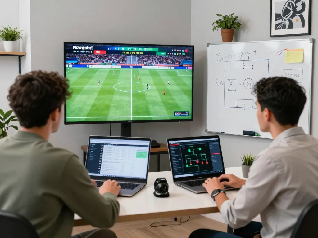 Analysts reviewing nowgoal football scores and stats in a vibrant sports analytics room