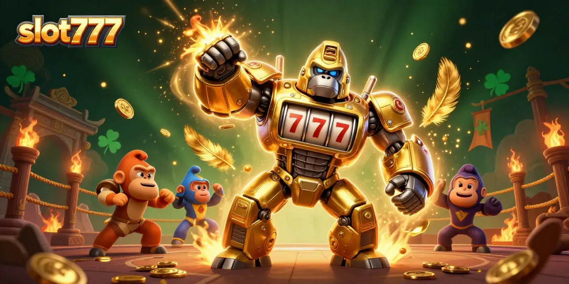 Experience the excitement of slot777 with a dynamic 3D illustration showcasing a golden gorilla mech.