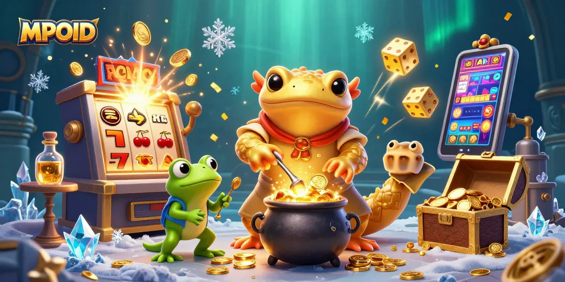 Win big with MPOID: A dynamic casino scene featuring alchemists and slot machines.
