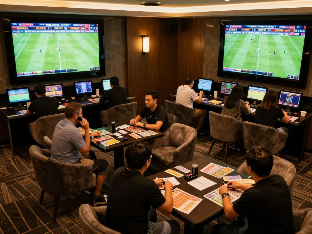 Bettors analyzing kèo nhà cái in a stylish sports betting lounge with dynamic screens.
