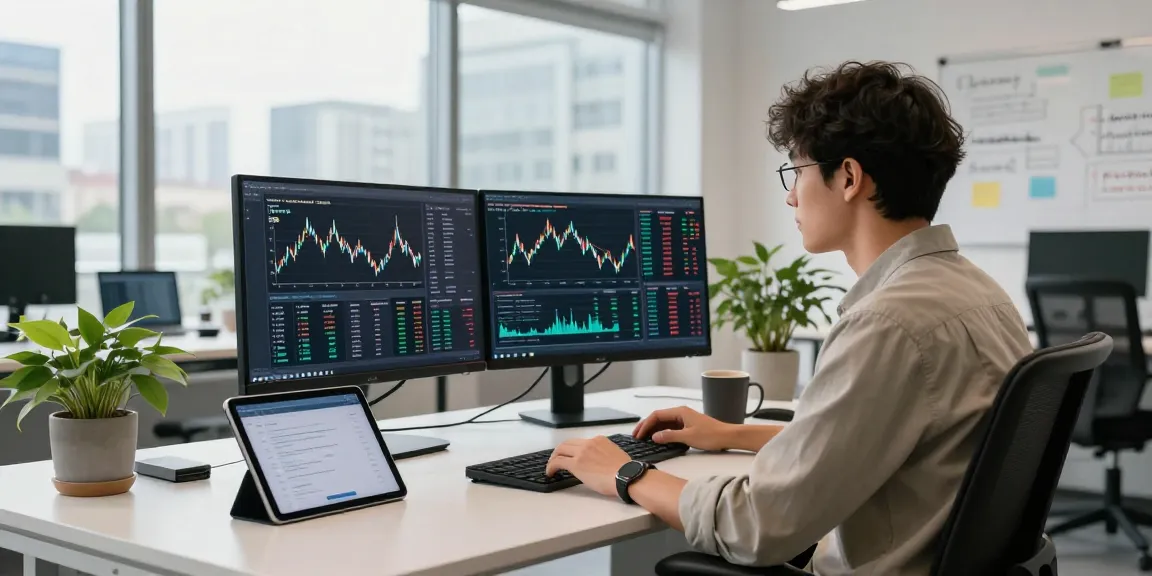 Developing precious metal WebSocket API in a modern office setting with dual screens and market data analysis.