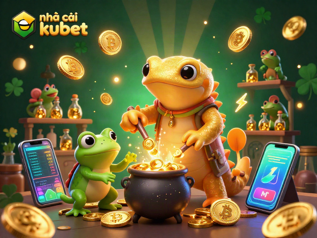 Engage with nhà cái kubet through a vibrant 3D illustration showcasing dynamic cryptocurrency elements.