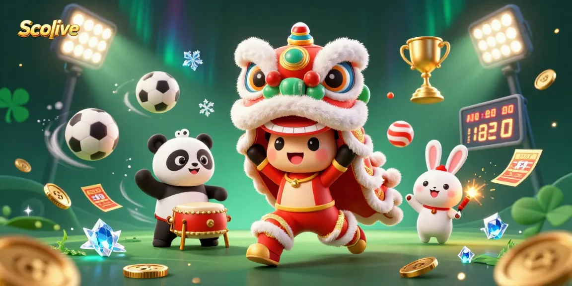 Socolive sports action scene with lion dance, sports balls, and a trophy, embodying the thrill of live sports betting.