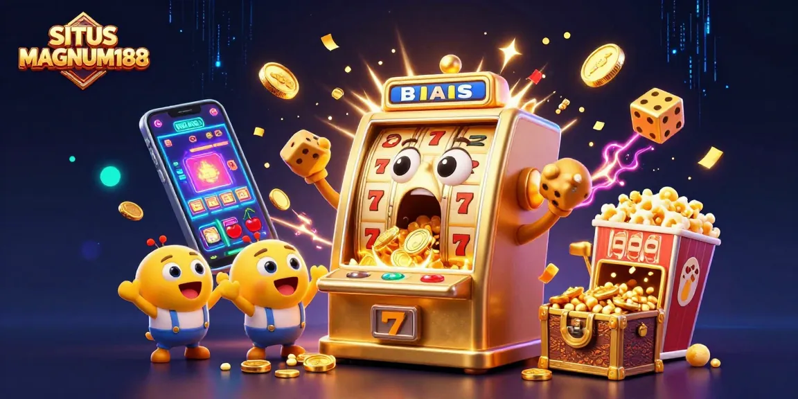 SITUS MAGNUM188 features a lively illustration of a golden slot machine celebrating a jackpot, showcasing excitement and winnings.