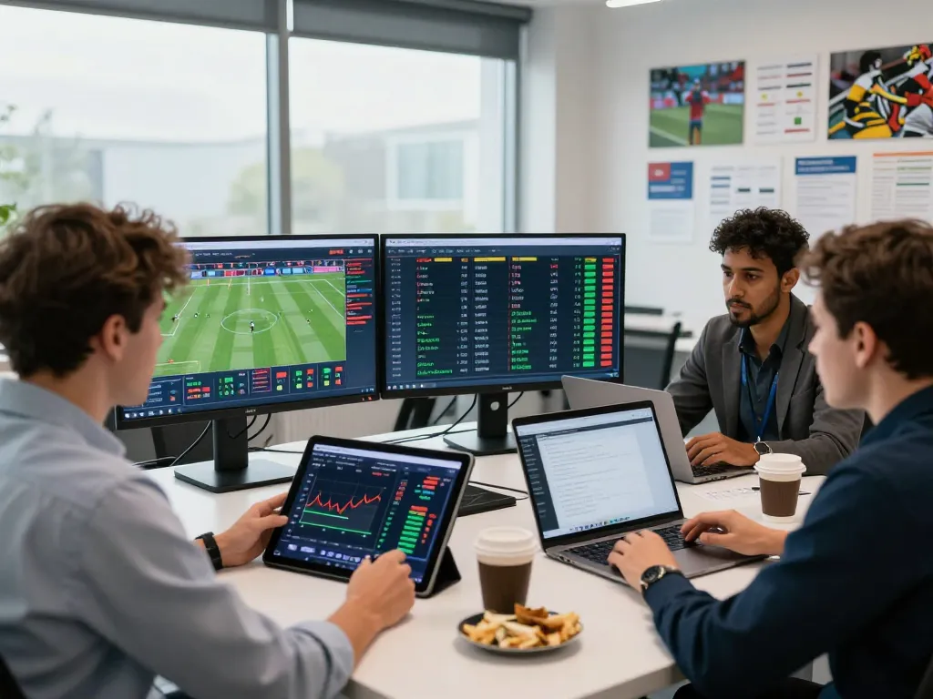 Kèo nhà cái 88 analysis in a modern office with sports betting analysts reviewing live odds and match data.