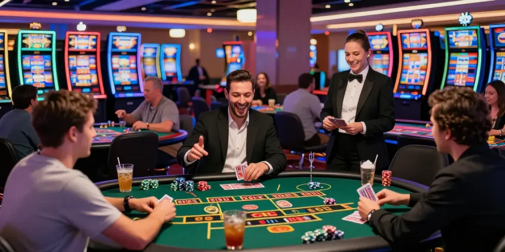 Exciting casino scene with a diverse group of players enjoying games, highlighting bonus sans depot casino excitement.