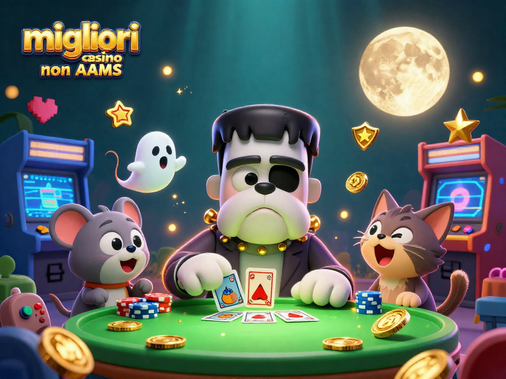 Illustrazione 3D di migliori casino non AAMS con un bulldog Frankenstein che distribuisce carte.