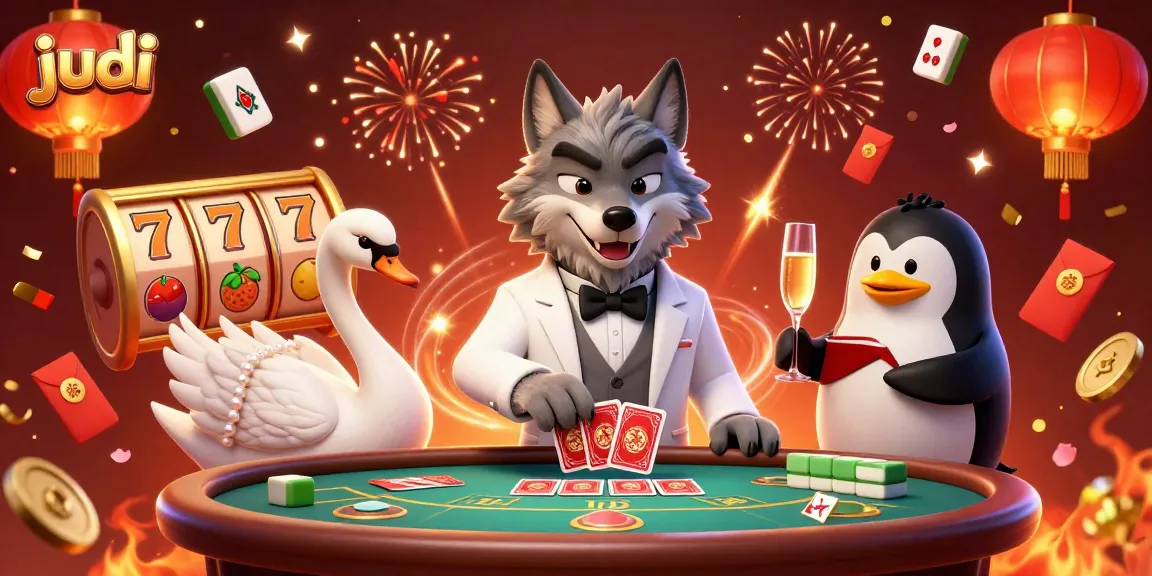 Join the thrilling judi scene with a debonair wolf and elegant characters celebrating slots and casino magic!