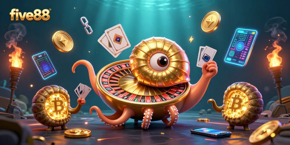Engage with five88's thrilling casino atmosphere featuring a giant roulette nautilus and crypto elements.