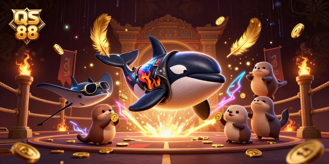 Engage in thrilling gameplay at QS 88 with animated characters and vibrant casino elements surrounding an orca, stingray, and otters.