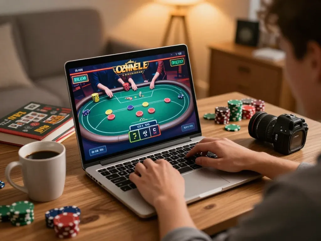 Players enjoying an online gaming session at 58wiin with poker graphics displayed on their laptop screen.