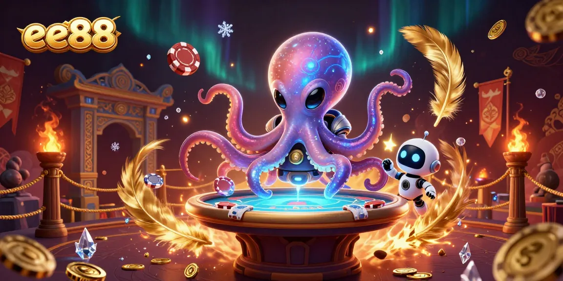ee88 showcases an alien octopus mastering poker at a holographic table amidst dynamic cosmic elements.