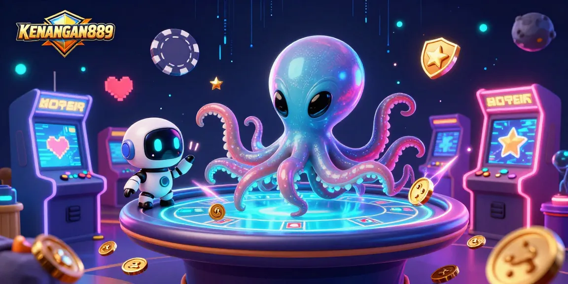 KENANGAN889 showcases an alien octopus at a holographic poker table, surrounded by vibrant gaming elements.