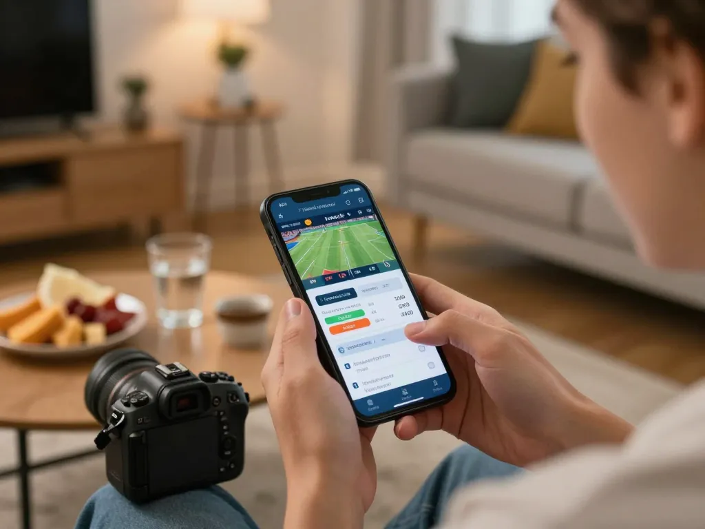 Engaged sports bettor reviewing odds on the 7m-7m mobile app in a cozy home setting.