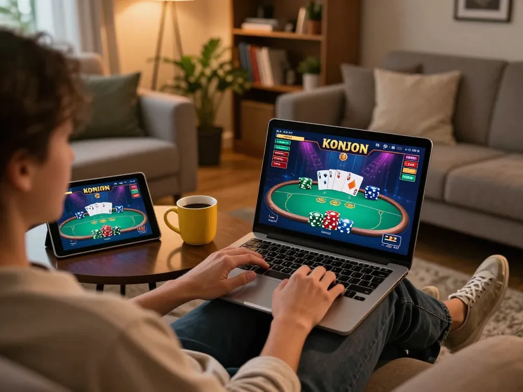 mm88 online casino player engaging with poker game on laptop at home, cozy atmosphere, strategic gameplay