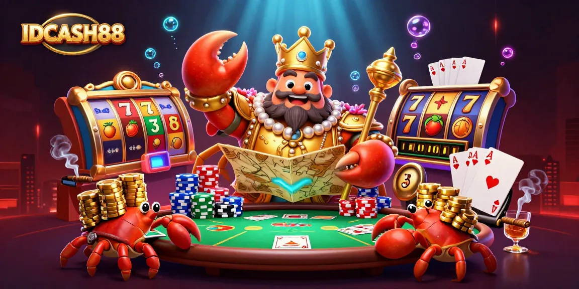 Engage in thrilling gameplay with IDCASH88's vibrant slot experience featuring a golden crab emperor and rich casino elements.
