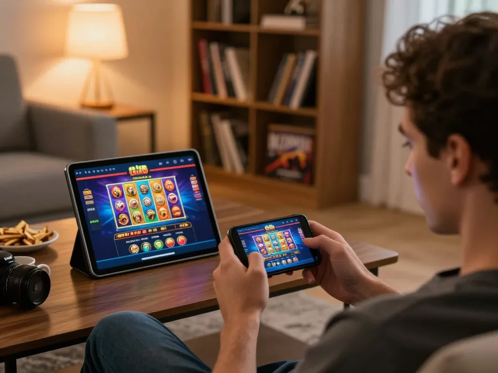 Engaging in H5 browser play on a smartphone in a cozy home setting with vibrant online slots displayed.